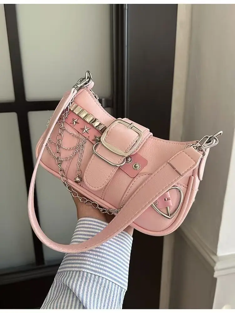 Y2K Süße Kühlen frauen Unterarm Tasche Heiße Mädchen Rosa Schulter Taschen Messenger Tasche Retro Design Weiblichen Kette Geldbörse Achselhöhle handtaschen – Detail 5