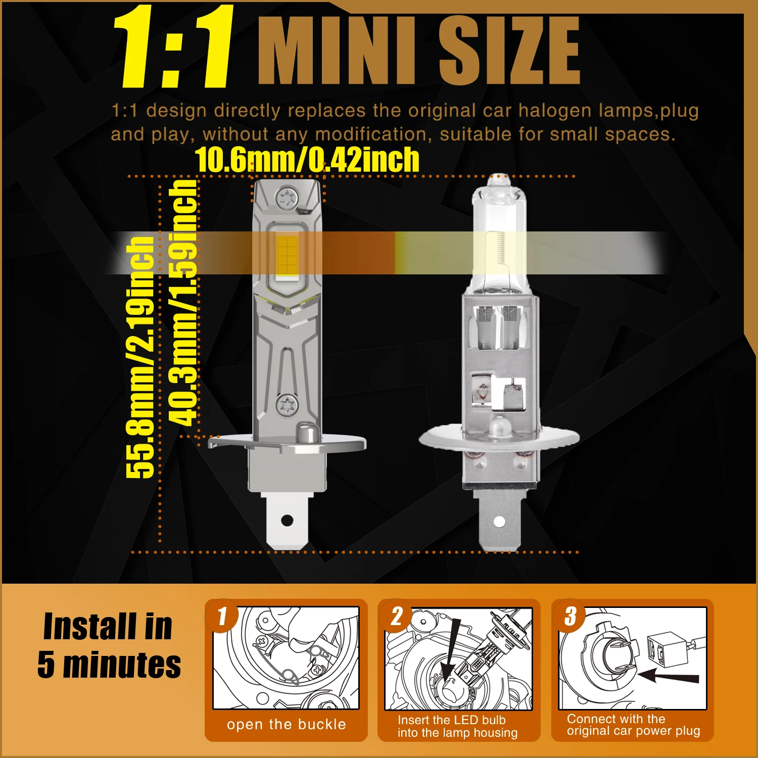 Ampoules de sauna LED H1 haute puissance, super lumineuses, injuste, aucun adaptateur requis, turbo de voiture, diode blanche, antibrouillard moto, 12V, 55W, DRL, 2 pièces