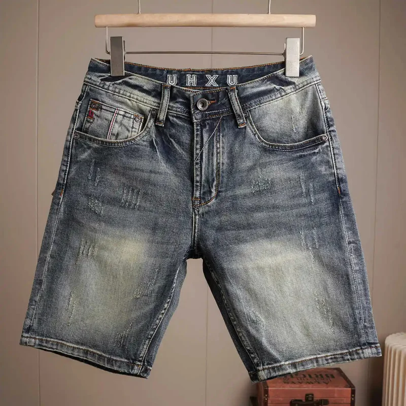 New American Vintage Blue Denim Jeans for Men, Summer 2026, Slim Straight Cut, Classic Style, Five-Point Jeans