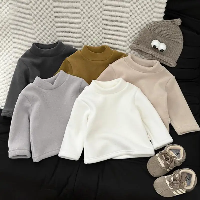 

2025 Winter New Baby Long Sleeve T Shirts Solid Infant Girl Fleece Shirts Toddler Boys Warm Tops Kids Tee Children Clothes