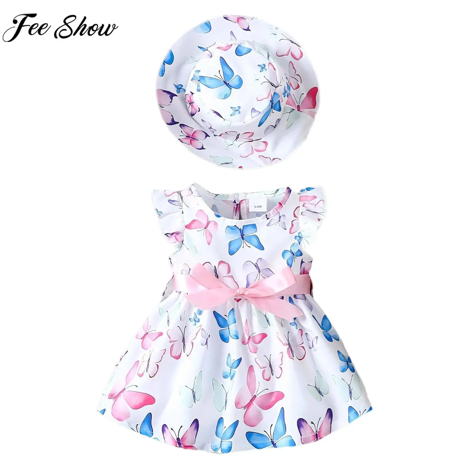 Baby Girls Summer Casual Dress Flying Sleeve A-line Cute Print Sundress with Sun Hat for Daily Birthday Party Travel Holiday