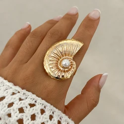 Ingemark Exaggerated Big Conch Snail Gold Color Rings for Women Trend Vintage Adjustable Imitation Pearl Rings Grunge Jewelry