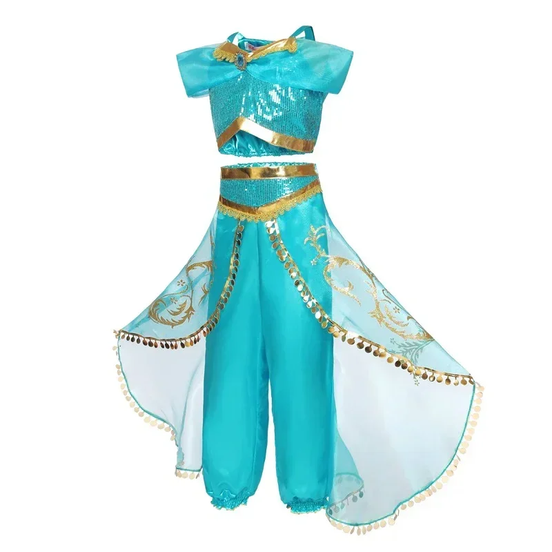 Girls Cosplay Jasmine Costume Aladdin Princess Dress Kids Magic Lamp Fancy Birthday Party Dress Jasmine Halloween Dress Up 3-10Y