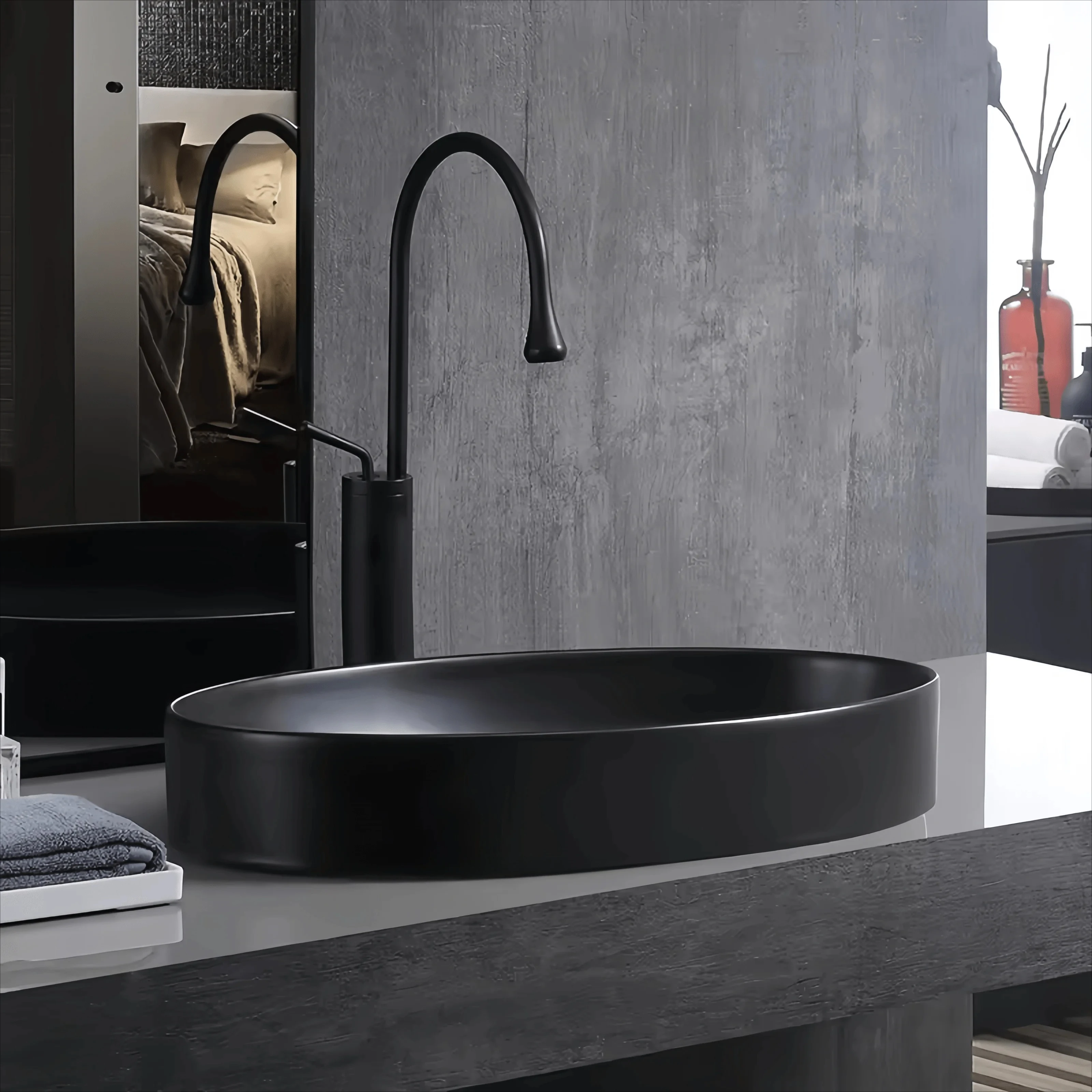 

z Black Light Luxury Oval Hand Wash Basin With Covert Water Outlet Above Counter Top Ceramic Basin For Bathroom Use