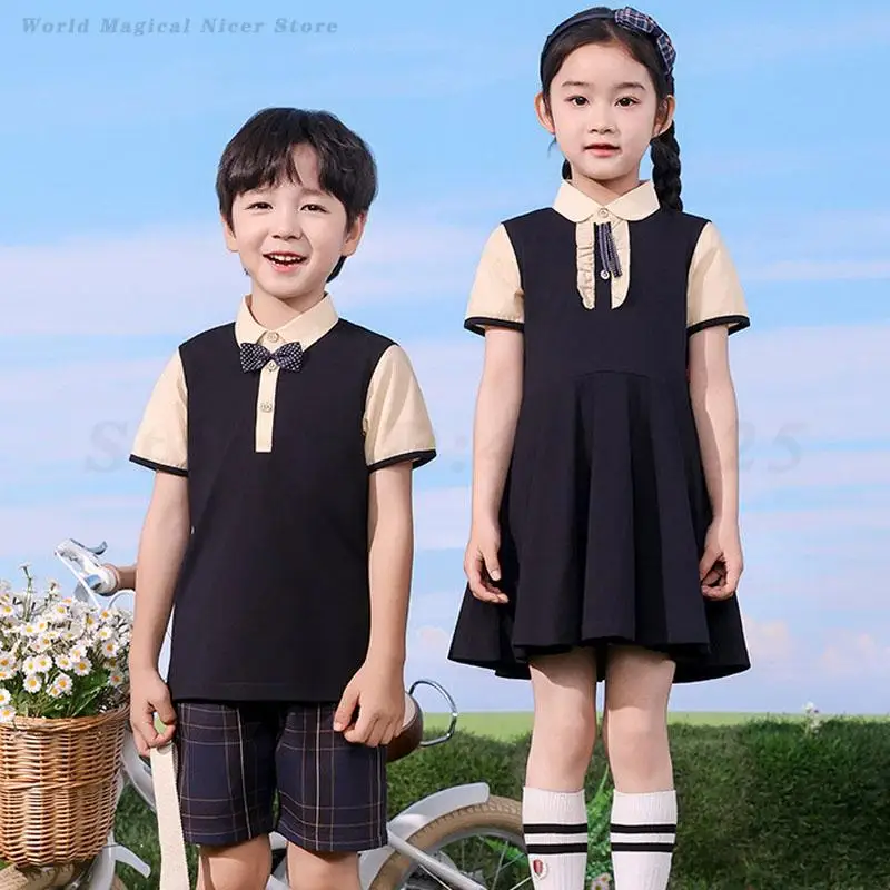 Crianças uniforme escolar do jardim de infância agasalho verão meninos esportes manga curta shorts meninas estilo acadêmico vestido cosplay traje