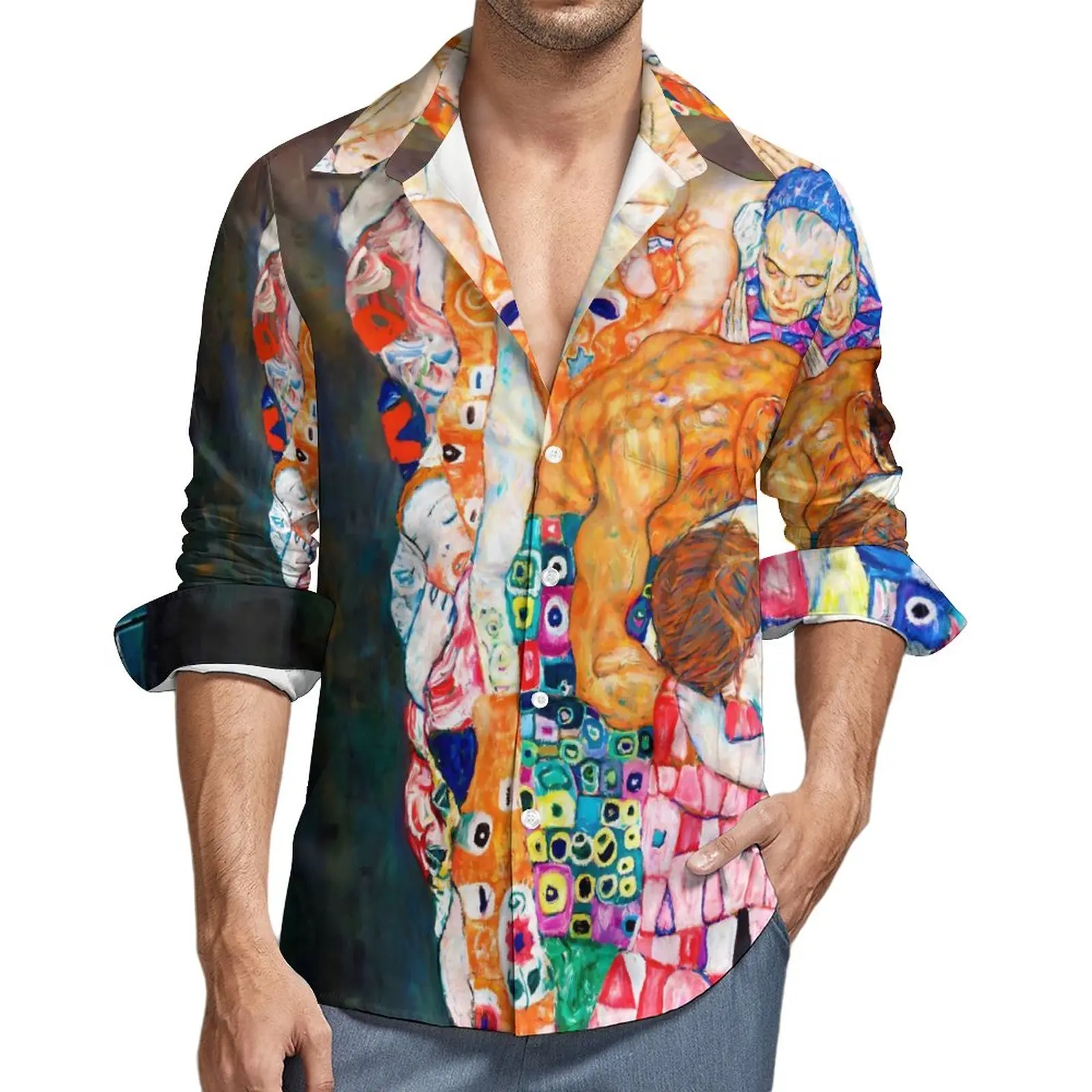 

Gustav Klimt Art Street Style Casual Shirt Men Death and Life Shirt Spring Trending Blouses Long Sleeve Pattern Oversized Tops