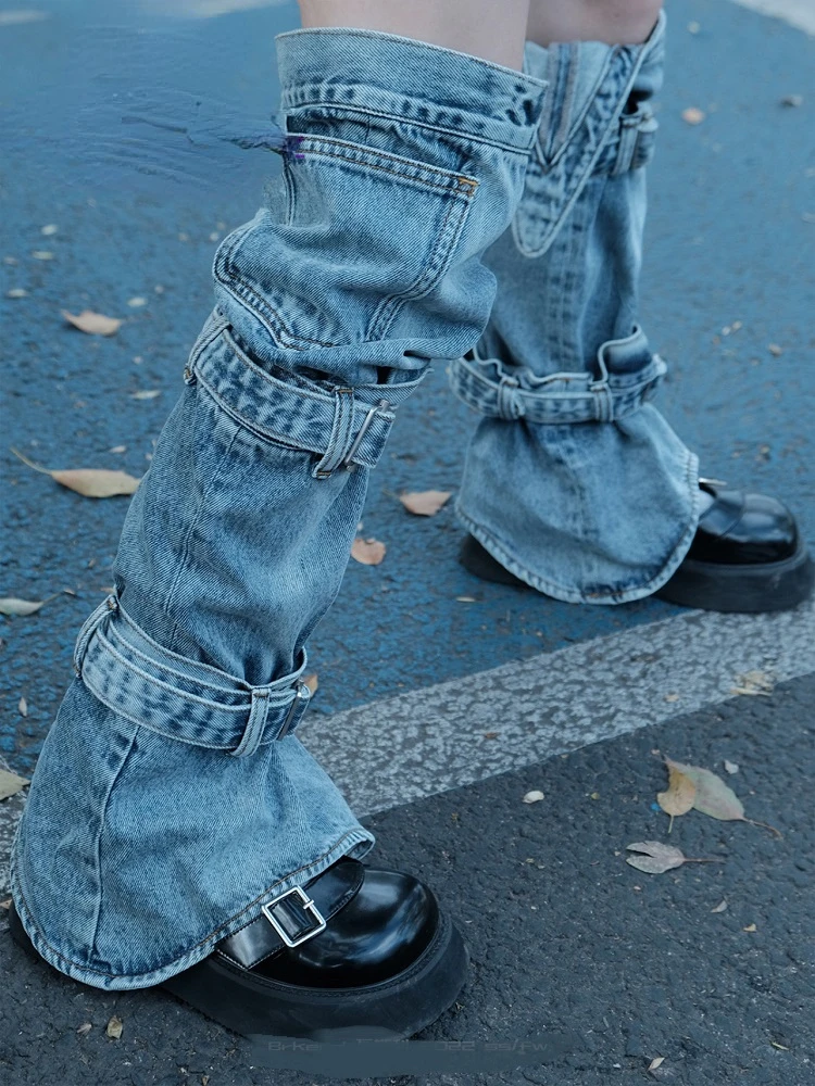 Kaus Kaki Penghangat Kaki Wanita Harajuku Kaus Kaki Tinggi Lutut Dapat Disesuaikan Denim Rock Punk Streetwear Mode Jepang Penutup Kaki Penghangat Kaki