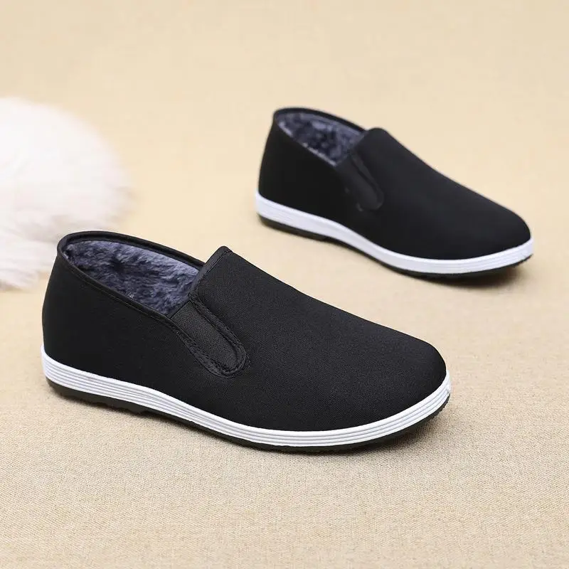 Thickened Fleece Lined Beijing Cloth Shoes Men's Work Driving Comfortable Soft Cotton Shoes round Toe Flat Heel Plastic Outsole