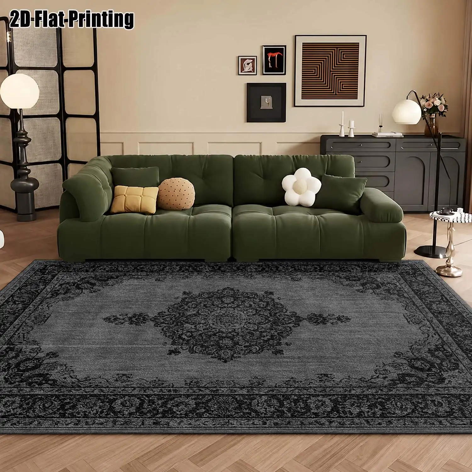 1Pc 2D Printed Carpet: Gray-Black Retro European Style, Geometric Simple Design, Multi-Size, Machine Washable, Ideal for Home Decor & Multi-Scene Use