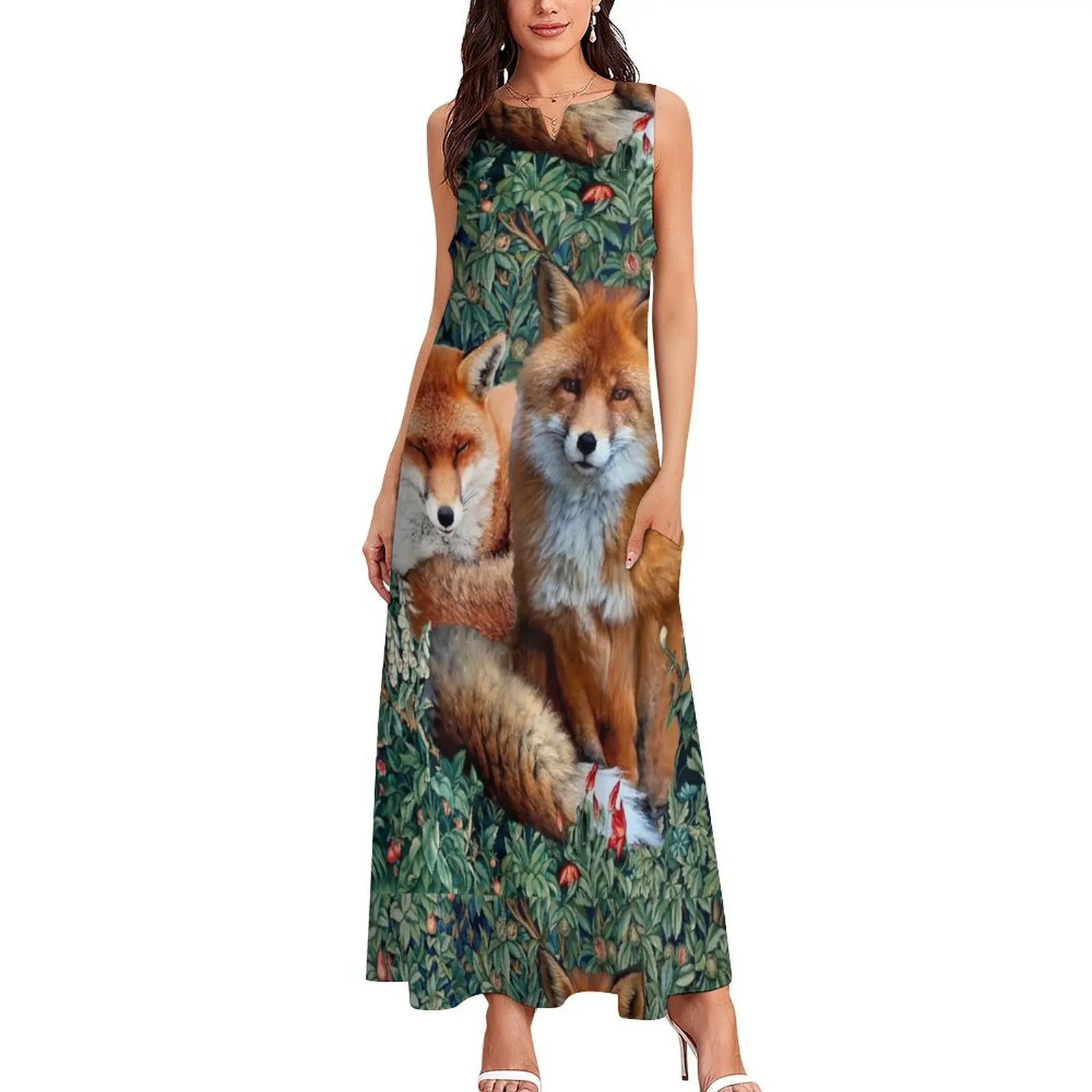 RED FOXES AMONG GREENERY, FOLIAGE AND FLOWERS Long Dress clothes for women Female dress summer dresses