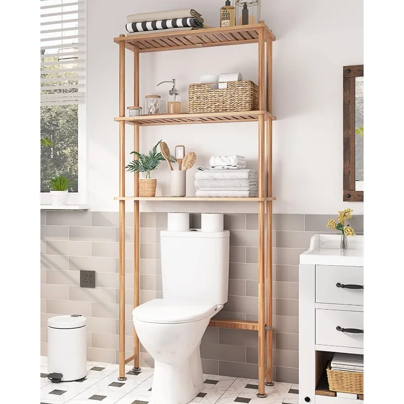 Over The Toilet Storage Shelf Bamboo, 3-Tier Over Toilet Organizer Rack, Freestanding Above Toilet Shelf for Bathroom, Laundry