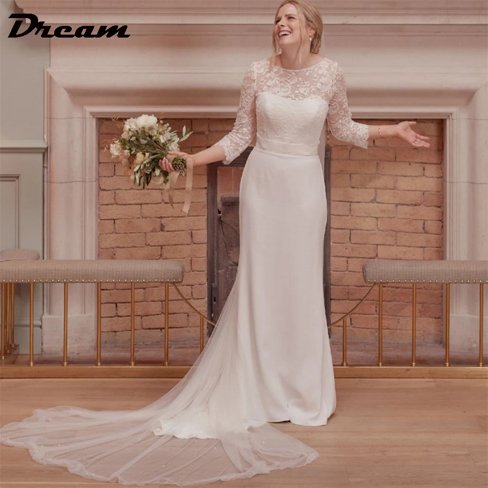 DREAM Simple Crepe Mermaid Wedding Dresses For Women O-Neck Lace 3/4 Sleeves Bridal Gowns Sweep Train Vestidos Novias Boda