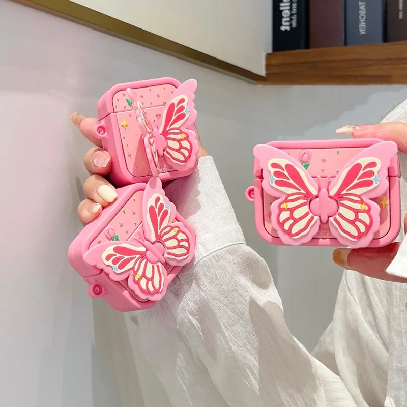 

Cute Pink Butterfly Silicone Headphones Case For AirPods 1/2 Pro 3 Anti-drop Design Earphone Cover