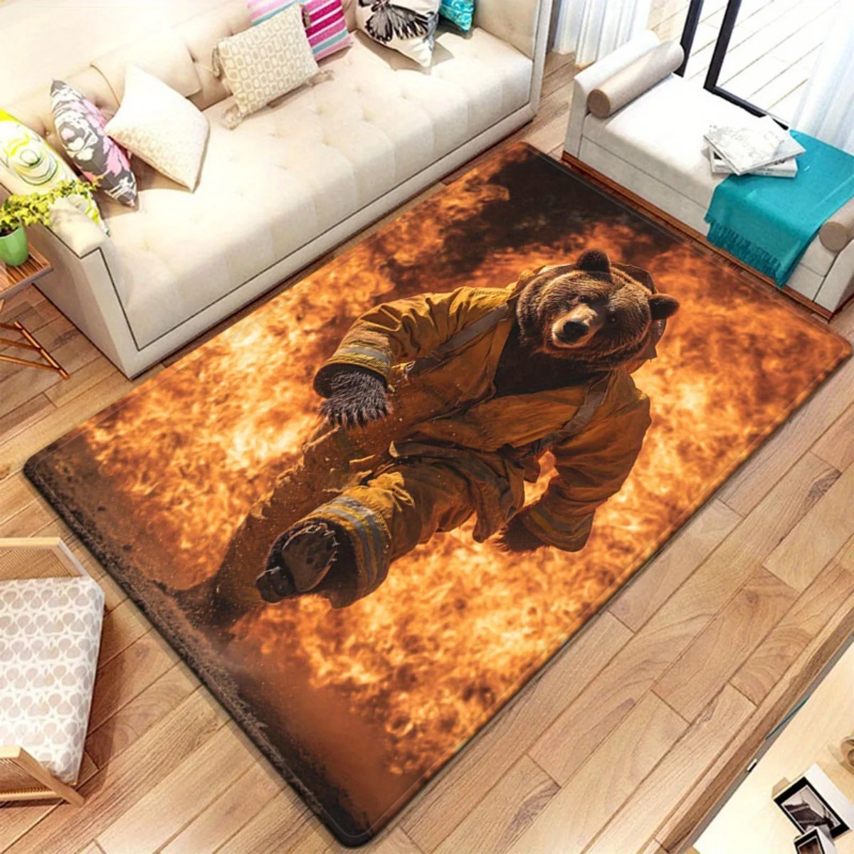 Bear‑in‑Fire Printed Rug, Decor for Kitchen, Bathroom, Yoga, Living‑Room, Entrance, Camping, Outdoor Home Use