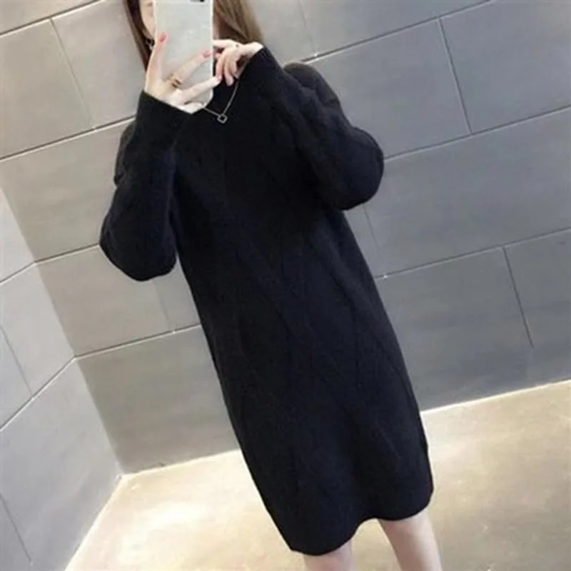 Coreano mezzo collo alto maglione dritto vestito donna inverno Casual al ginocchio manica lunga fondo caldo abiti lavorati a maglia femminile