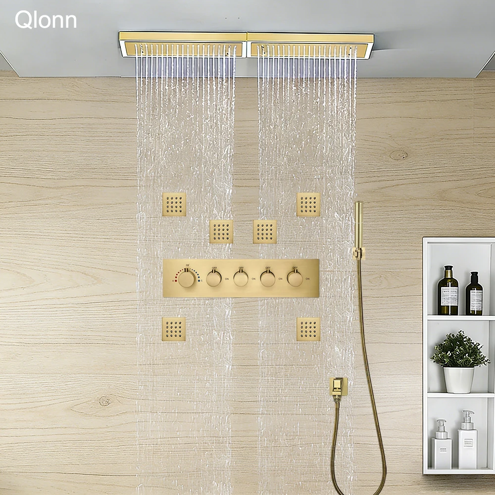 

Qlonn Smart Bathroom Showers Set LED Lighting 800*200mm Ceiling Embedded Shower Head Thermostatic Valve 4 Functions Flow Divider