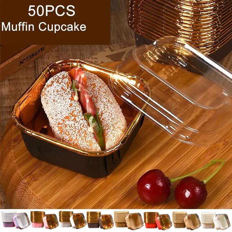 50PCS Square Cupcake Cups with Lids, Pudding Cup Bake-resistant Cup, Disposable Foil Cupcake Cups Muffin Tins For Wedding Baking