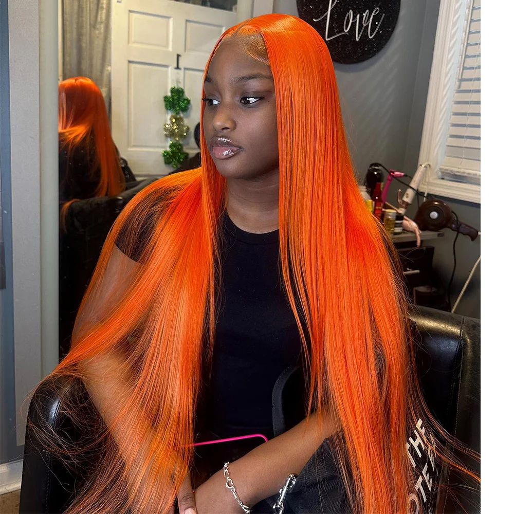 

Linhua 13X4 Transparent Lace Wigs 210% Bright Orange Colored Peruvian Hair Bone Straight Remy #613 Blonde 13X6 Lace Frontal Wig