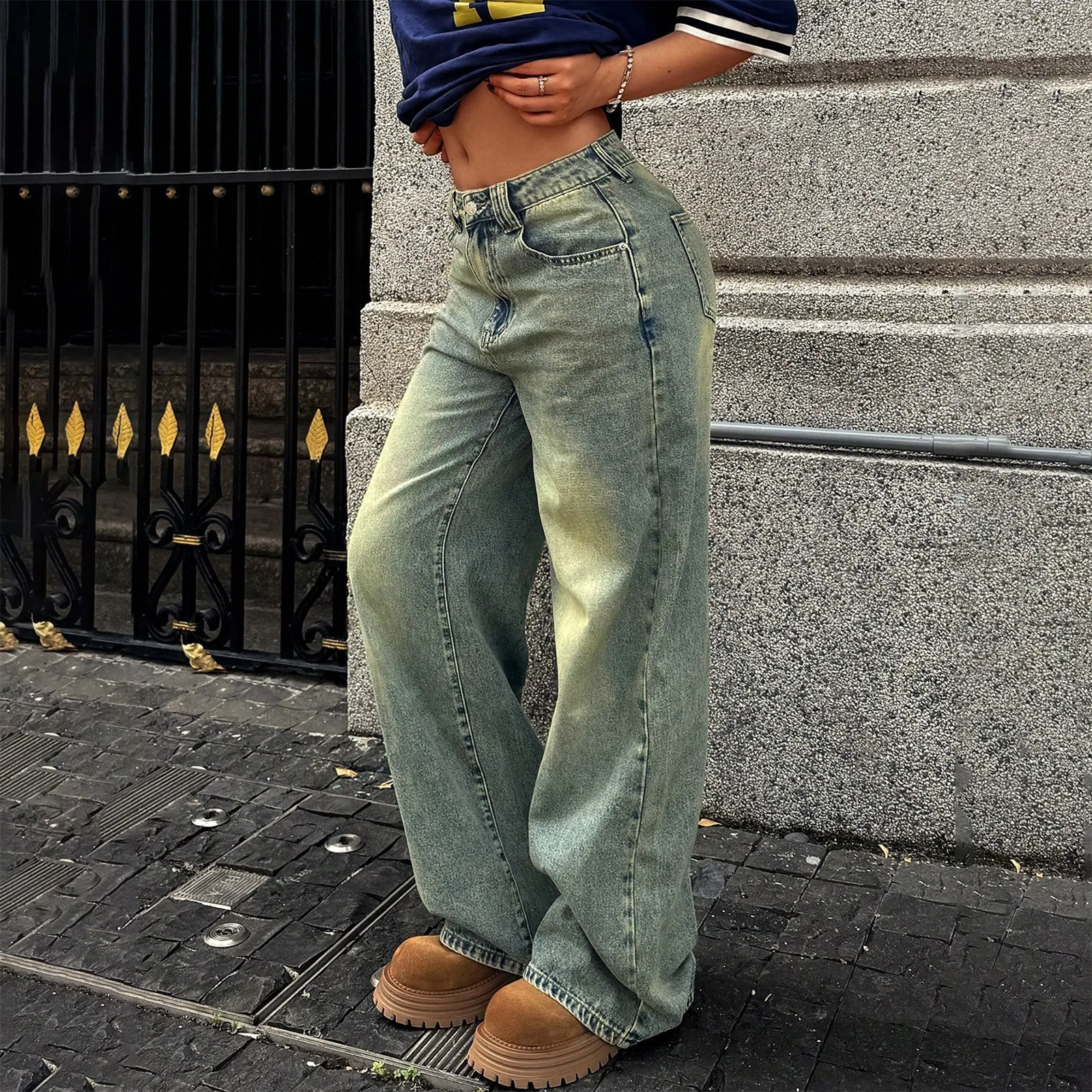 Women Stylish Straight Leg Jeans Loose Button Zipper Casual Street Style Denim Pants Fashion Retro Old Style Denim Trousers