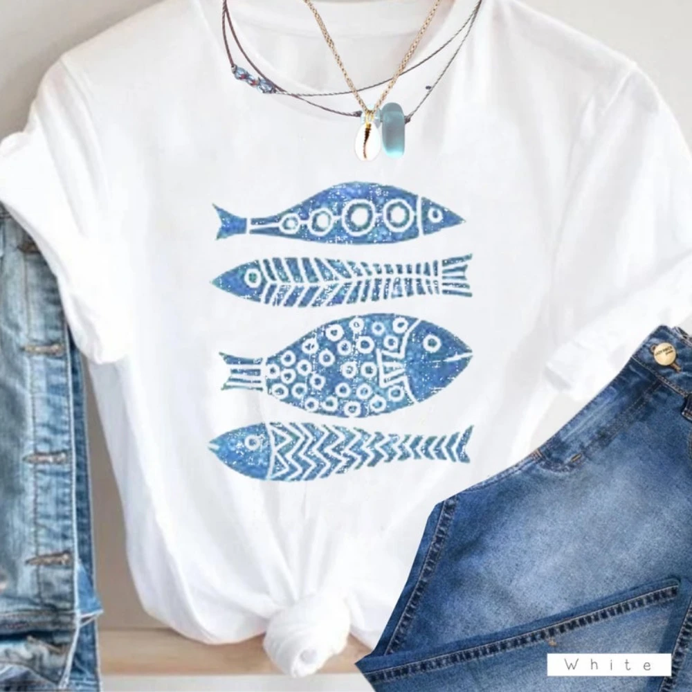 

Graphic Fish Nature T-shirt Vacation Style Fish Print Summer Beach Holiday Sandbeach Lover Gift Boho Mod Design Ethnic Cute Tops