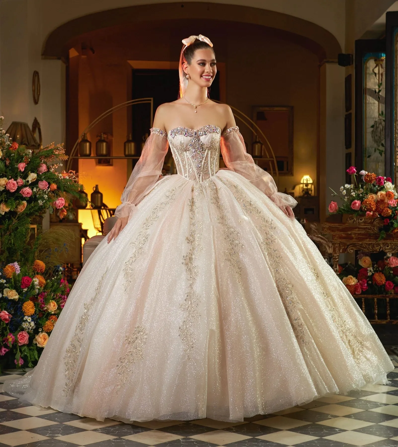 

Puffy Charro Quinceanera Dresses Ball Gown Sweetheart Tulle Appliques Crytals Mexican Sweet 16 Dresses 15 Anos