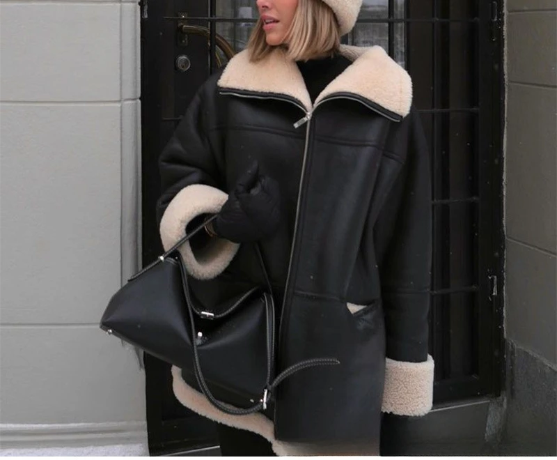 Women' Winter New Collection Collar Double Pocket Collar PU Coat Large Size Fashionable Loose Lamb Wool Fur One Piece Coat 2024