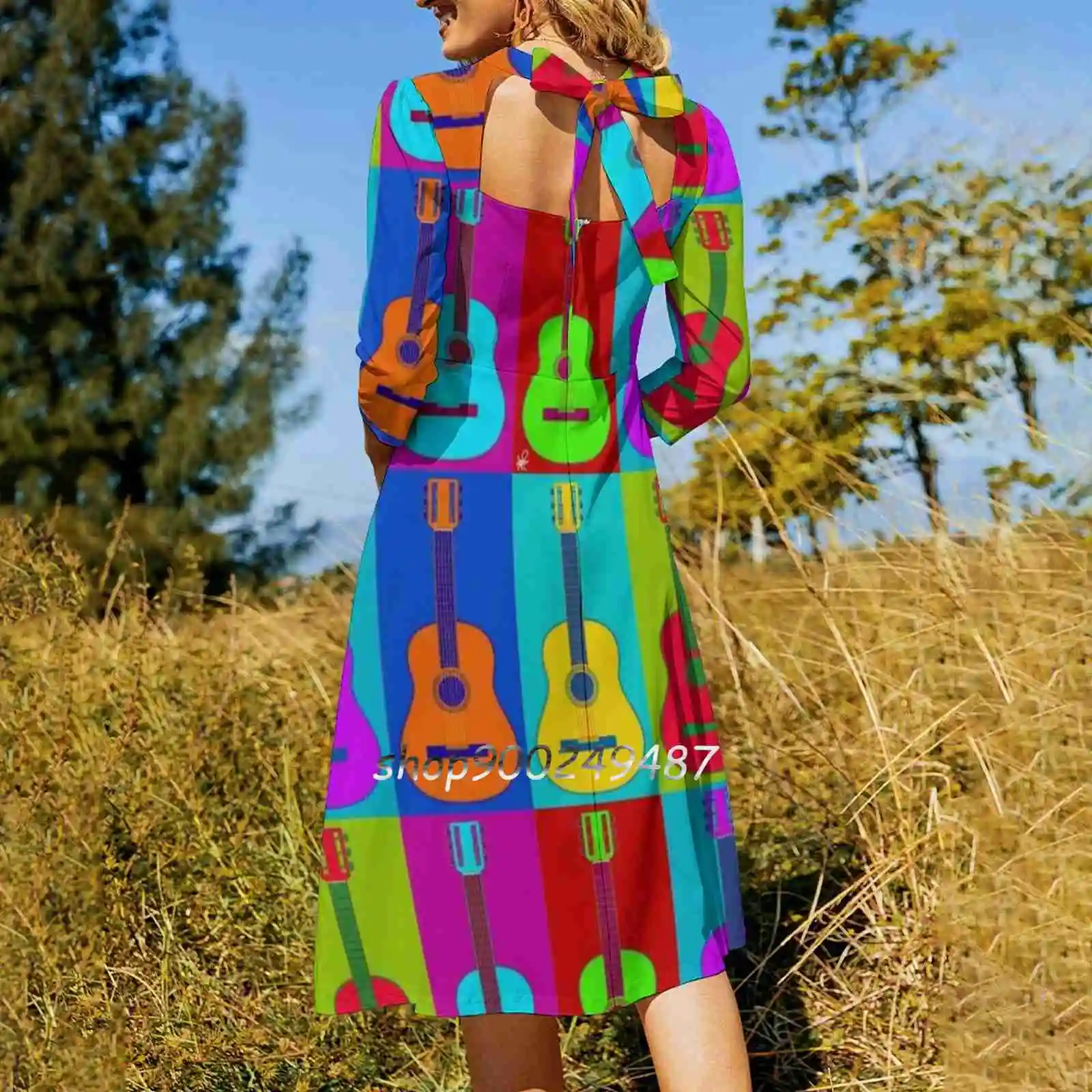 Guitarhol Sweet Elegant Dress Women Korean Kawaii Square Collar Dress Guitar Music Pop Art Warhol Andy Rainbow Tuning Pegs