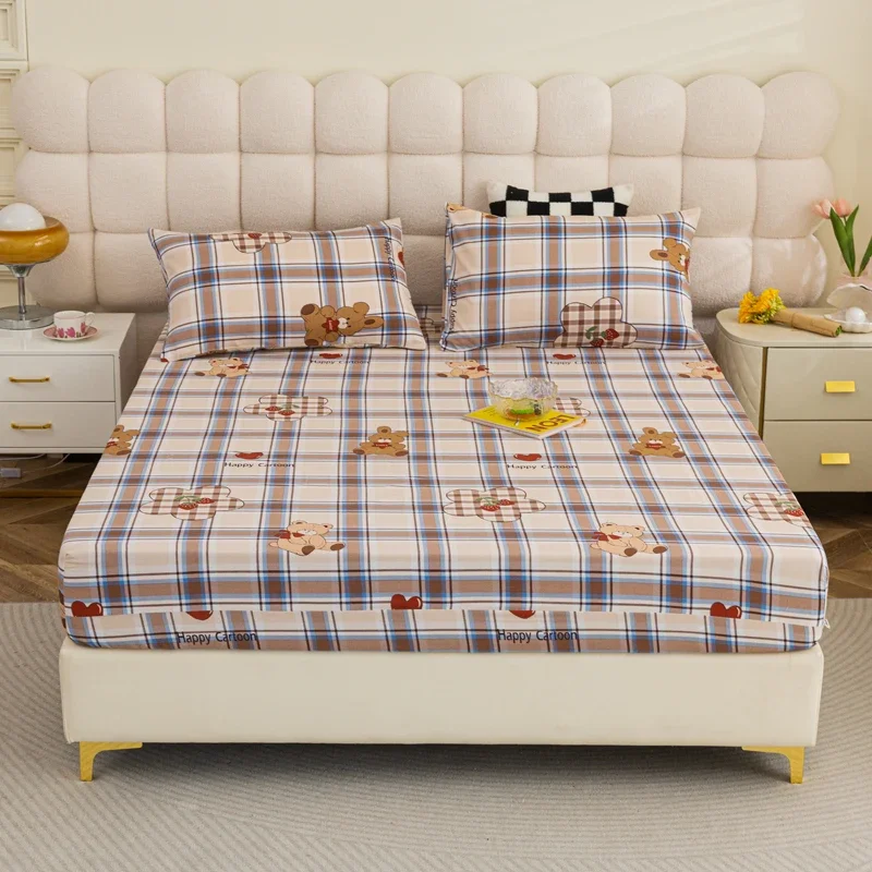 

3Pcs Cartoon Bear Fitted Sheet Set Vintage Plaid Mattress Protector Cover with Pillowcases 100% Cotton Skin-friendly Bedding Set