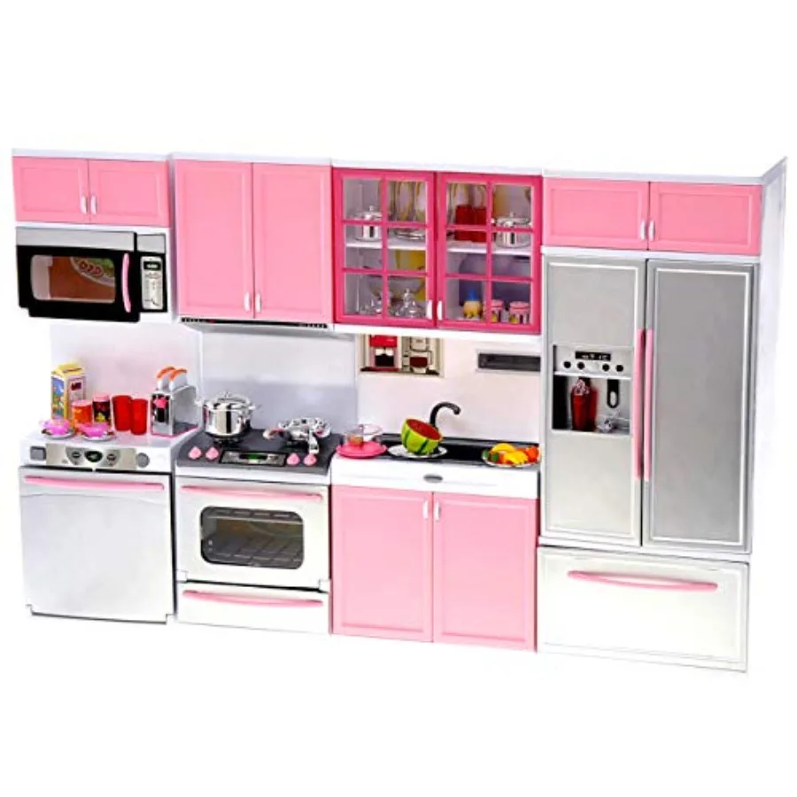 

PowerTRC Doll Kitchen Play Set Mini Modern Toy Pink Kitchen Pretend Play Furnitures Toy Set Accessories Set with Realistic Ligh