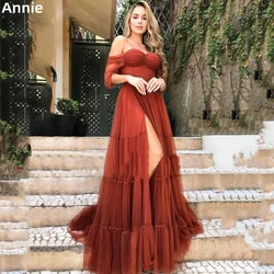 Annie Sexy Side Slit Prom Dresses Tulle Off The Shoulder Evening Dress Vestidos De Noche Elegant Ladies A-line Ground Length2023