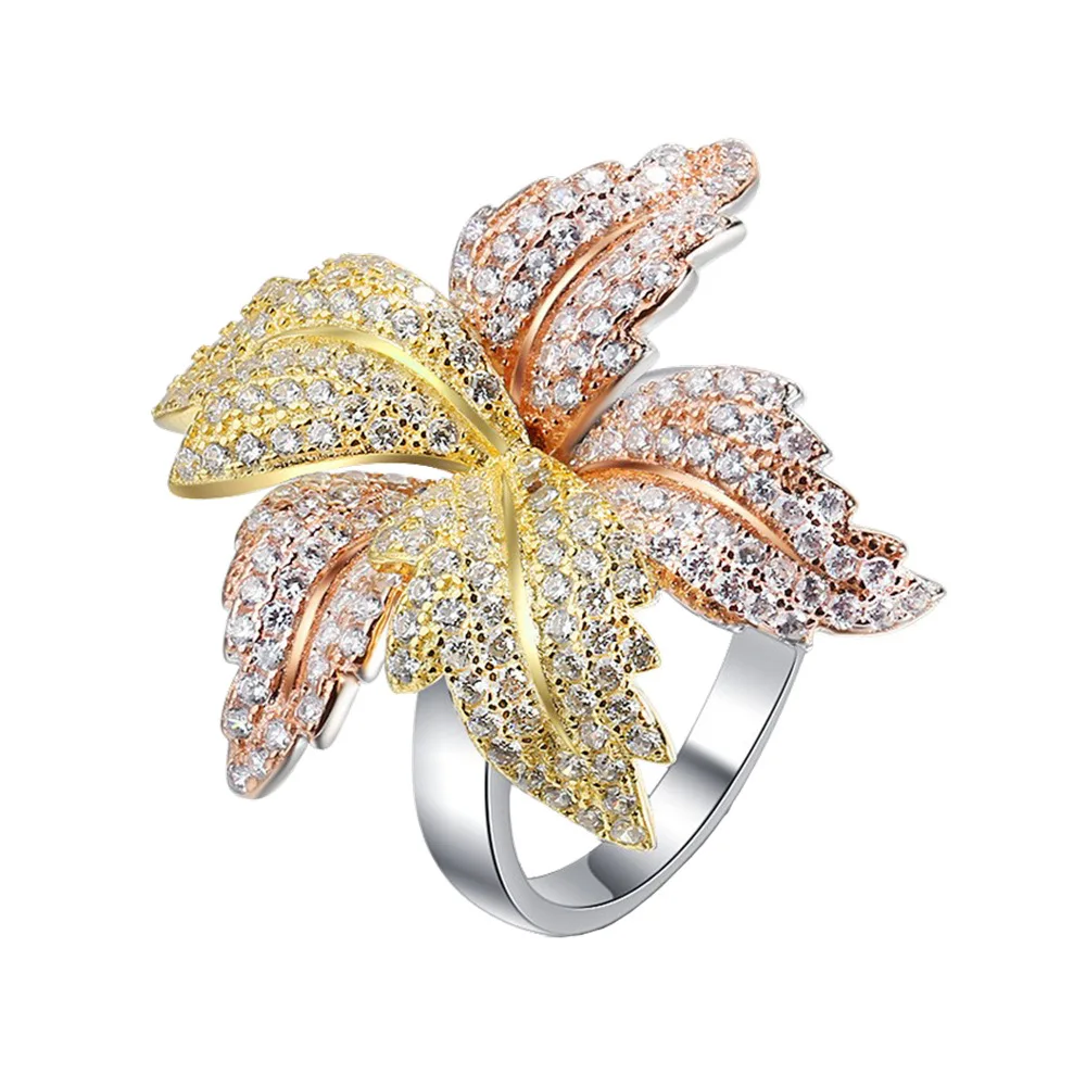 Fashionable and Luxury Autumn Original Design Petal Leaf Ring for Women S925 Silver Electroplated Tri Color Diamond Ring