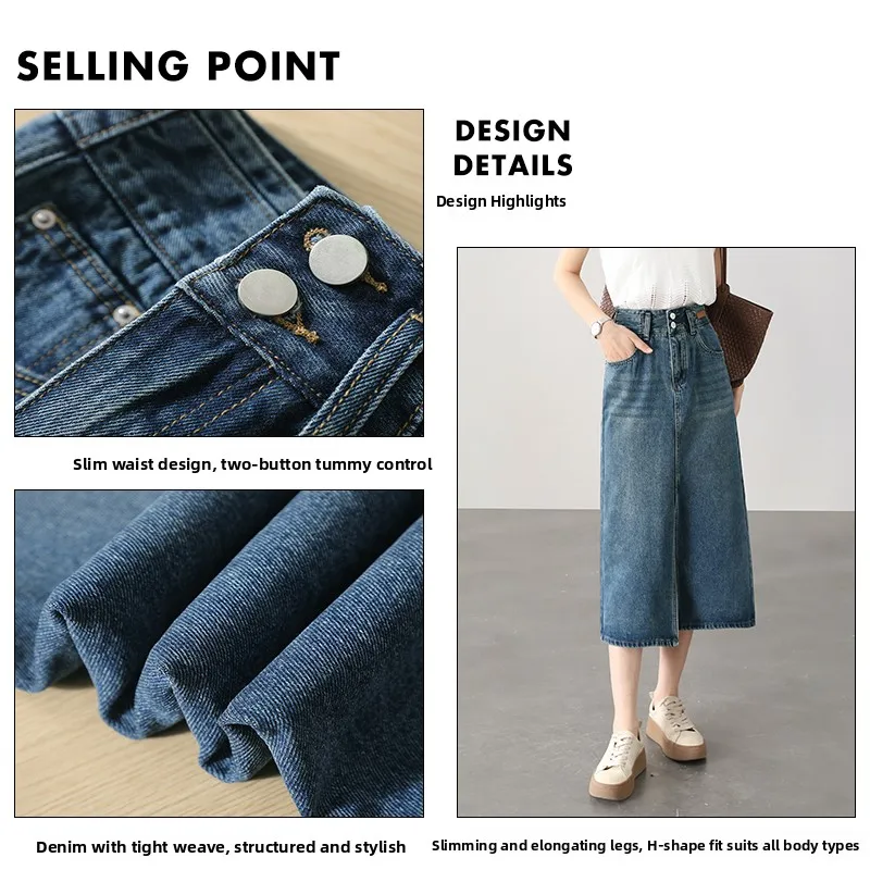 Slimming High Waist Denim  Skirt for Women Spring Summer Straight Cut Hippi Sle Front Slit Mid-Length A-Line Skirt