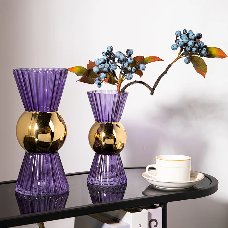 Colored Glass Vase Transparent with Golden Geometry  Stripe Flower Vases Home Decoration Accessories Terrarium