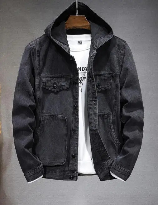 Jaqueta jeans masculina com capuz, casaco jeans casual, cor sólida, gola virada para baixo, casacos jeans masculinos