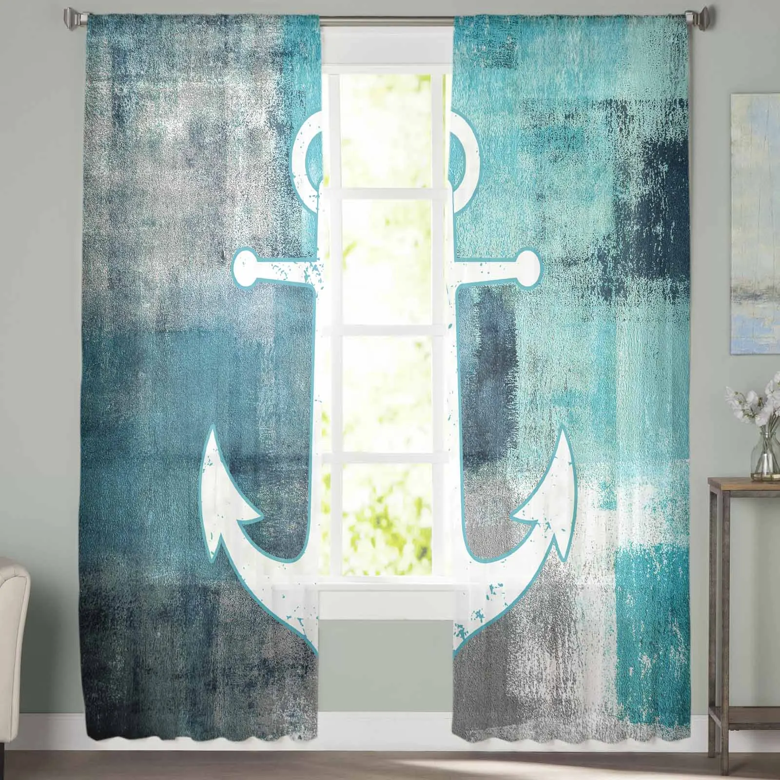 Vintage Paint Ship Anchor Blue-Green Triangle Tulle Sheer Curtains For Living Kitchen Children Bedroom Voile Hanging Curtain