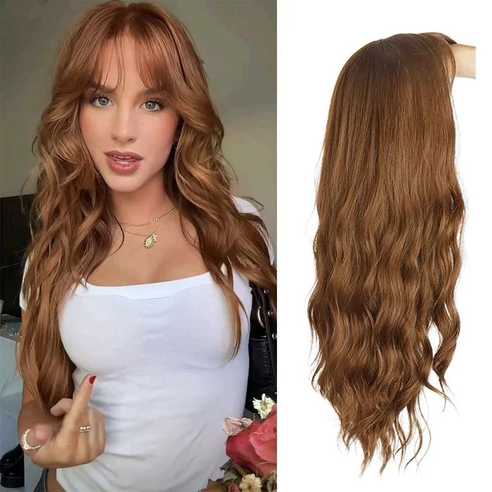 26 Inches Long Auburn Wavy Wig With Bangs, Ginger Wig For Daily Party Cosplay Use, Synthetic Golden Brown Full Wigs For Women