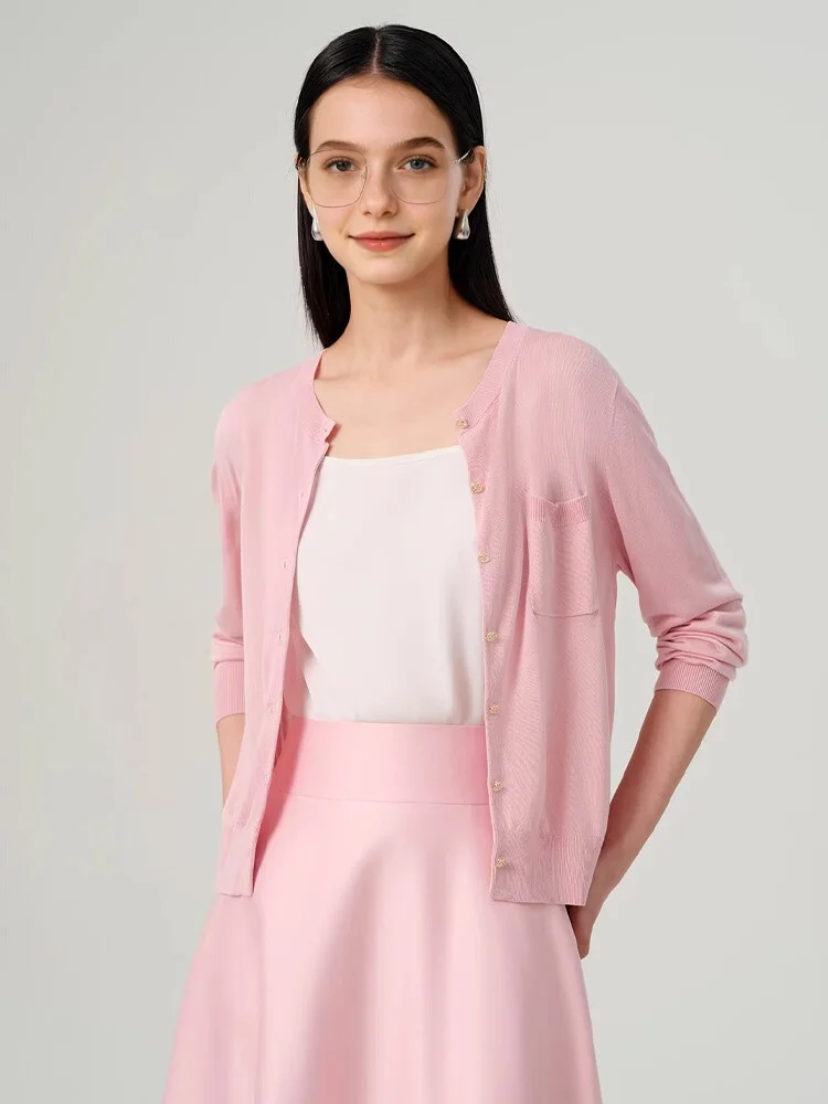 SuyaDream Woman Cardigans 6% jedwabiu 94% włókna jednorzędowe 16G swetry wiosenne 2024 nowe okrycia wierzchnie biały różowy — zdjęcie 3