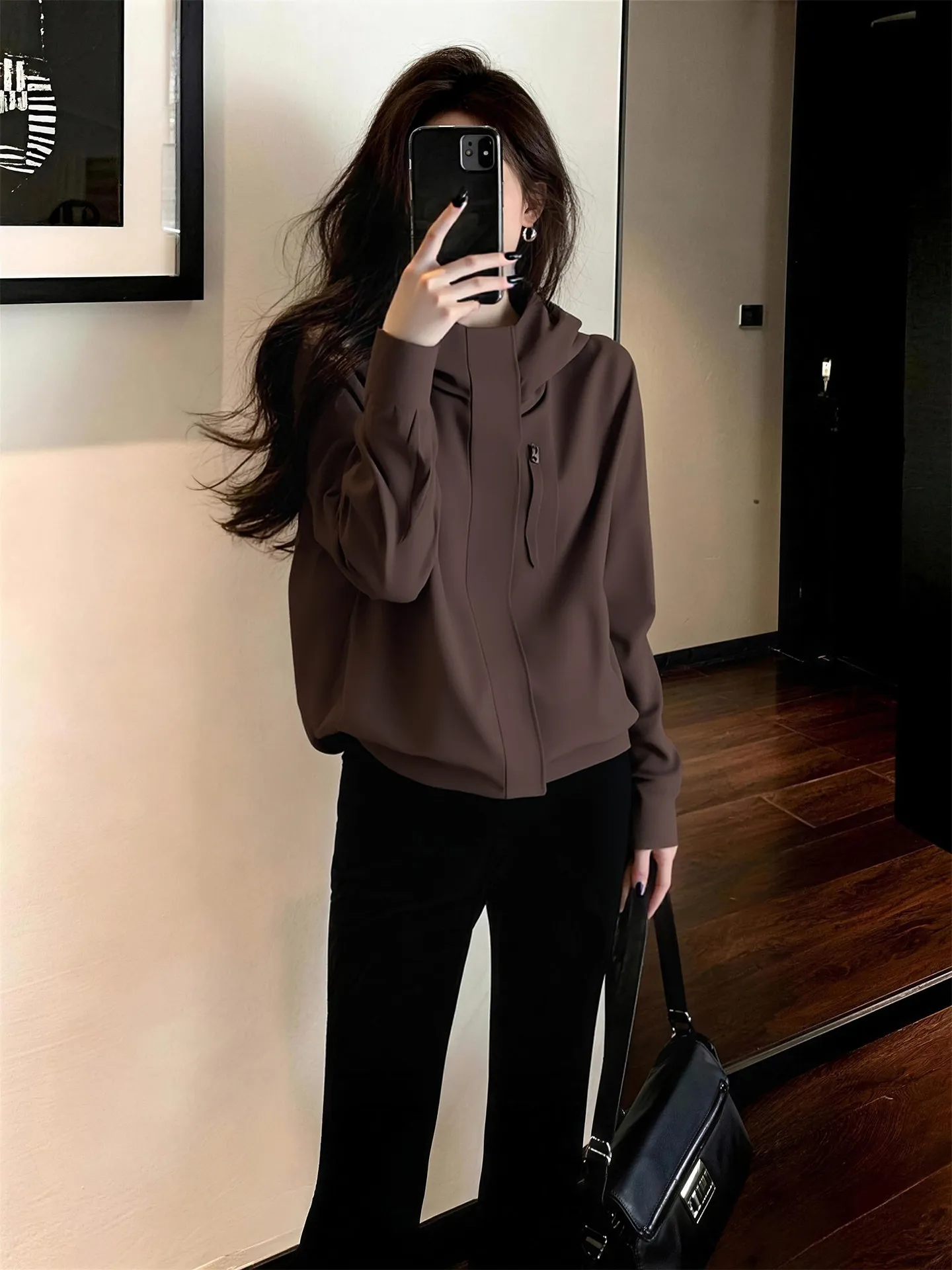 Early Spring 2026 Women's Casual Hooded Jacket Coffee Color High-End Elegant Style Zipper Closure Long Sleeve Outerwear