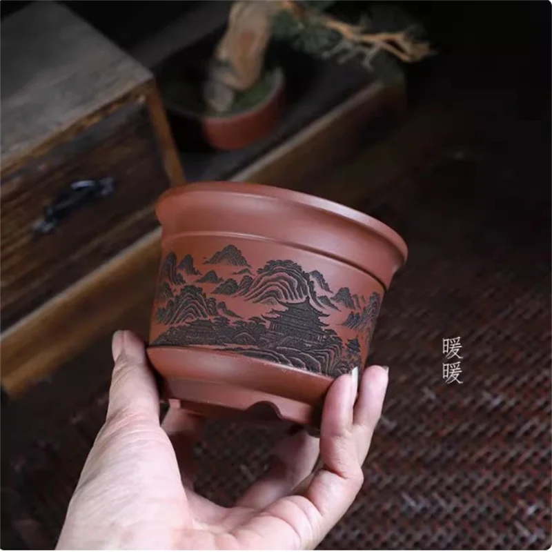 

Ceramic Carved Bonsai Pot,Round Pot,Purple Sand Flower Pot,Home Decoration
