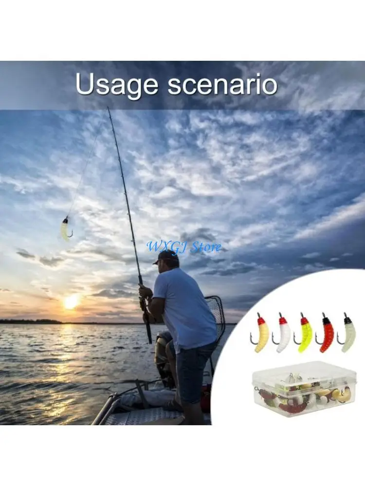 37JE 30Pcs Plastic Fishing Lures Maggot Baits with Hook Fishing Artificial Baits