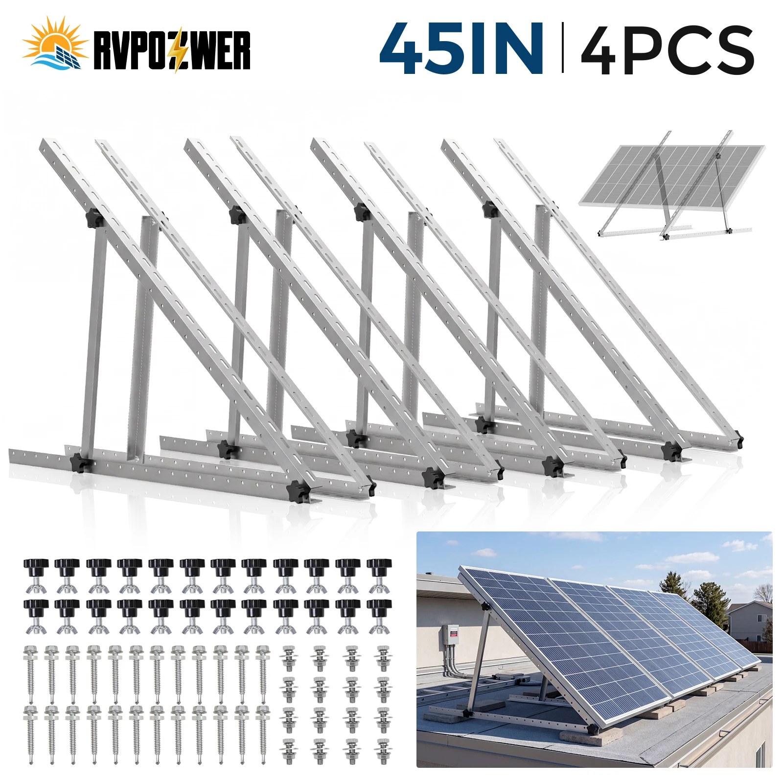 RVPOZWER 45 Zoll Verstellbare Solarmodul-Neigungshalterungen 1/2/4 Sets Faltbare Neigungsstützen Schwerlast-Stützrahmen für Netzunabhängige Stromsysteme Dachinstallation für Wohnmobile, Anhänger,