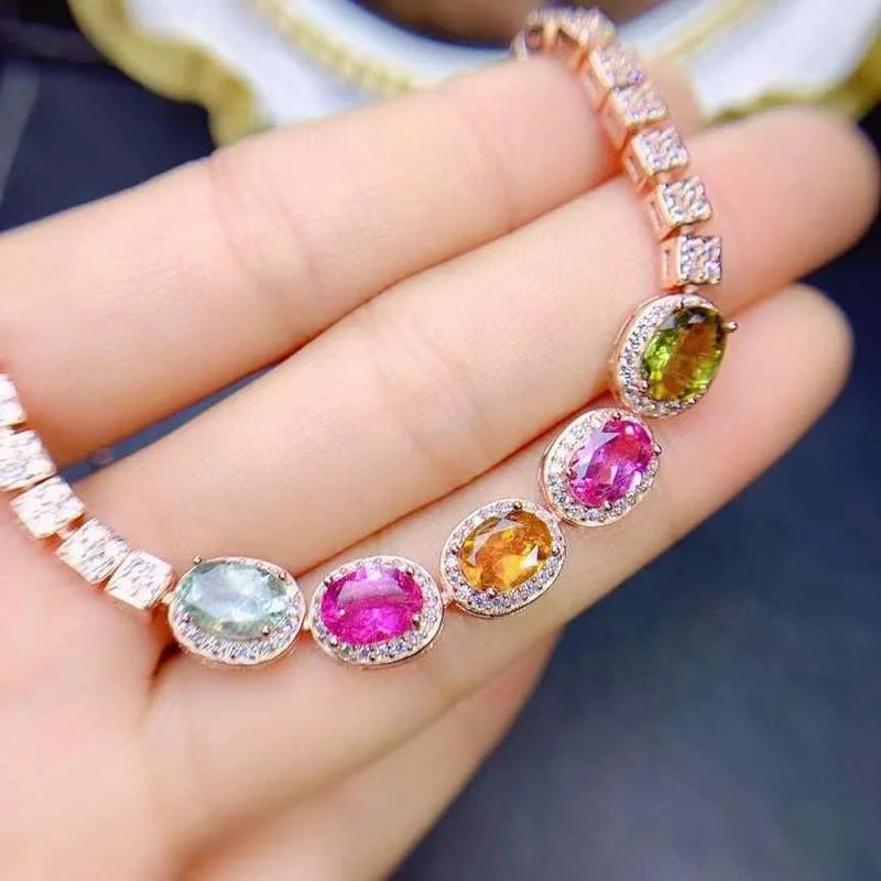 

YULEM Jewelry 100% Real 925 Silver Gemstone Bracelet 5 Pieces Natural Tourmaline Bracelet Sterling Silver Tourmaline Jewelry