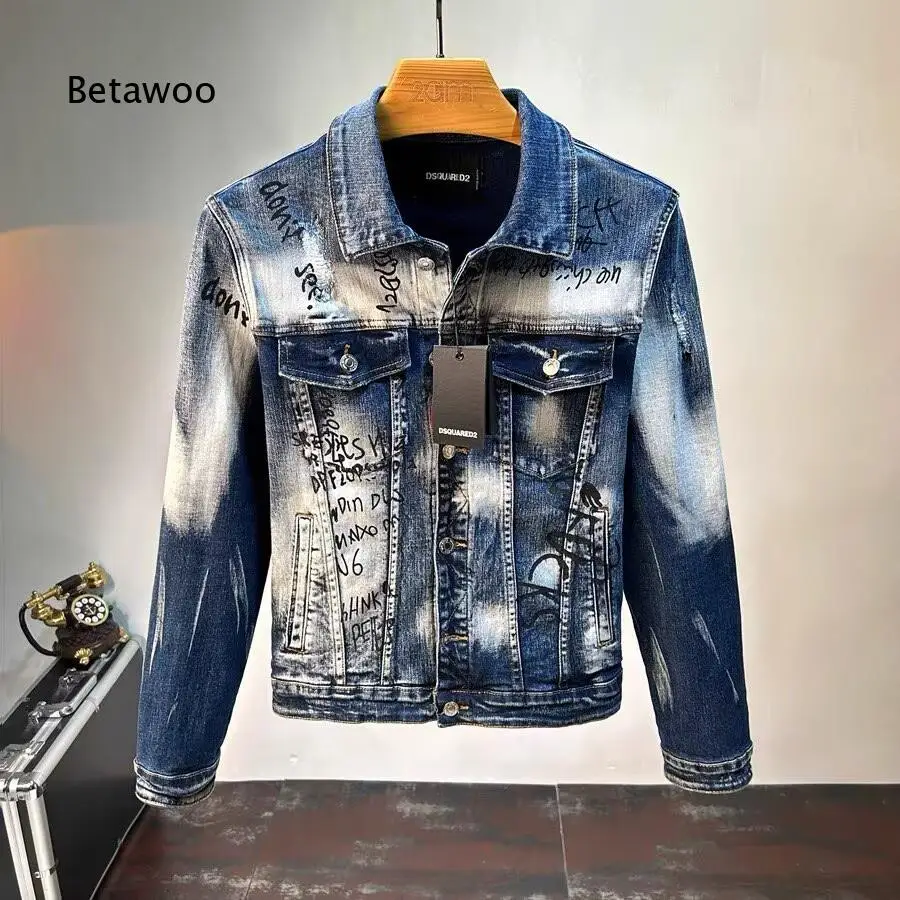 Herren Denim-Jacke mit Revers und Knöpfen, Graffiti-Print, Langarm-Trucker-Mantel für den täglichen Alltags-Look.