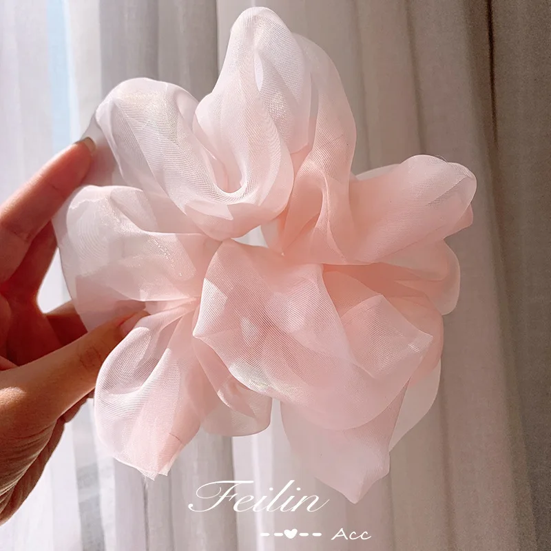 Summer Women Organza Big Scrunchies Korean Design Solid Color Elastic Hair Bands Ponytail Holder Rubber Tie Headwear Wholesale