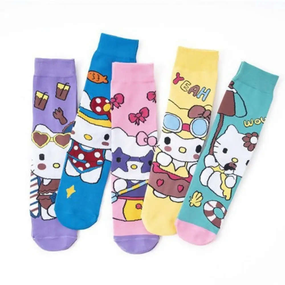 5 pairs Sanrio Hello Kitty Four Seasons adult Floor socks Mid length socks Japanese Cartoon anime periphery a birthday present