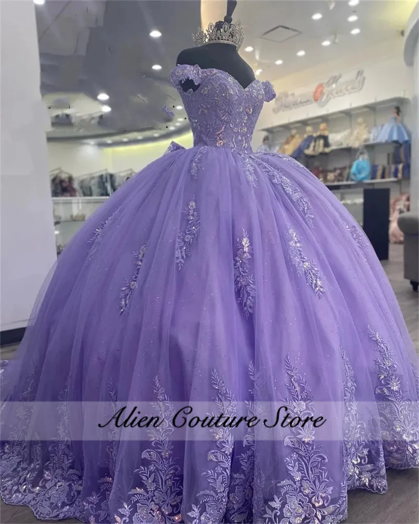 Luxe Paarse Tule Quinceanera Jurk 2024 Baljurk Boog Kralen Applique Verjaardag Jurk Vestidos De 15 Años Aangepaste