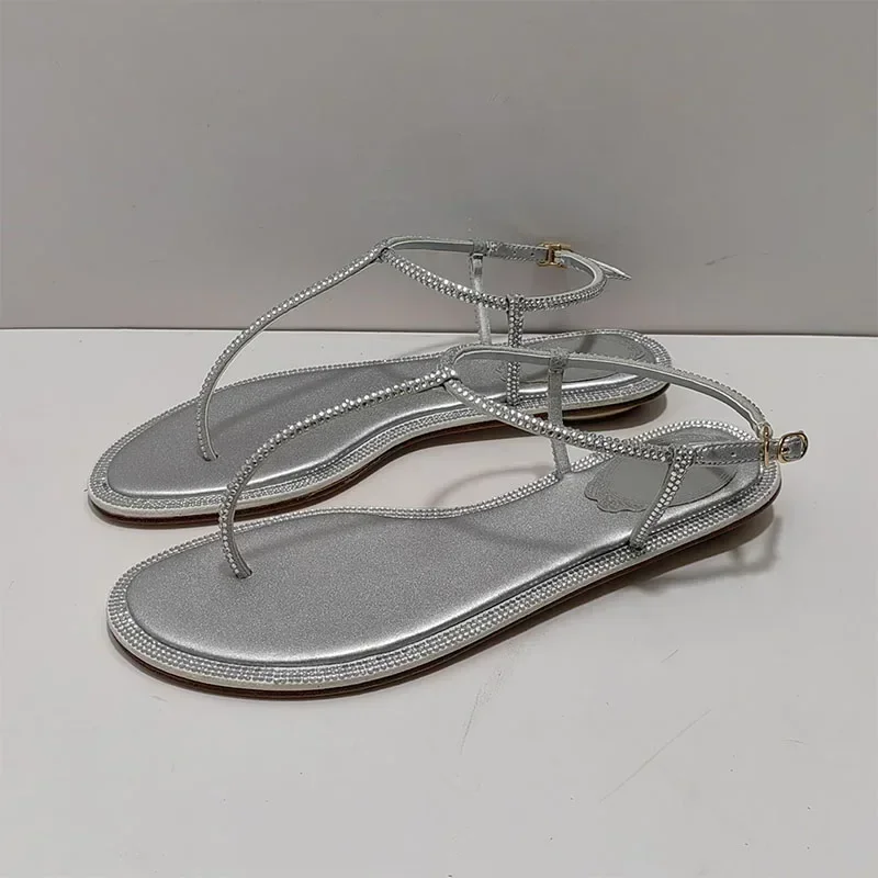 

2025 Woman Sandals Summer Women Flip Flops Rhinestone Dress Shoes Peep Toe Narrow Band Crystal Flat Sandals Female