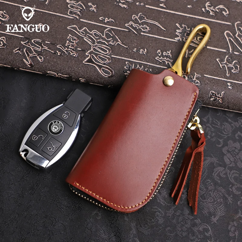 

Casual Genuine Leather Men's Key Purse Small Car Smart Key Organizer Bag Housekeeper Keys Case Keychain Keyring Zip Pouch