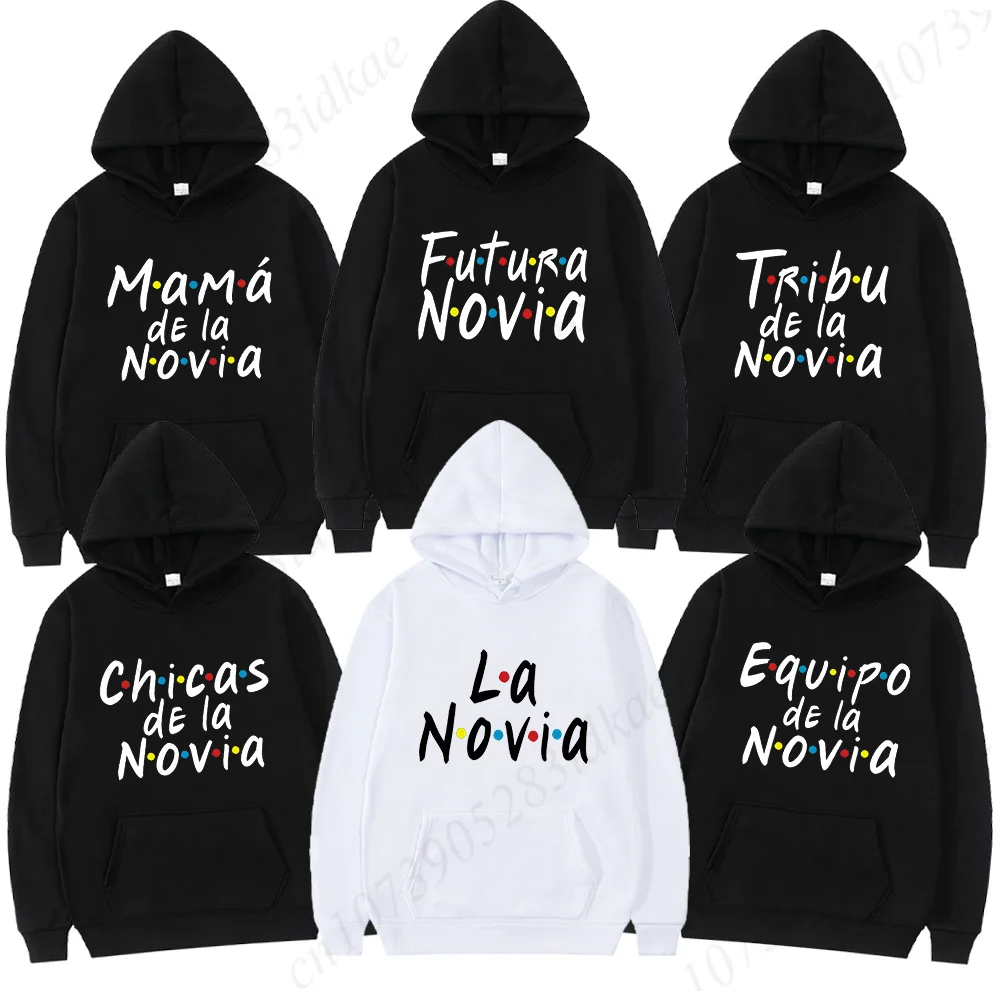 

Must-Haves для свадебного душа для испанских девушек: толстовки Future Bride & Team Bride, толстовки для девичника, одинарный прощадь