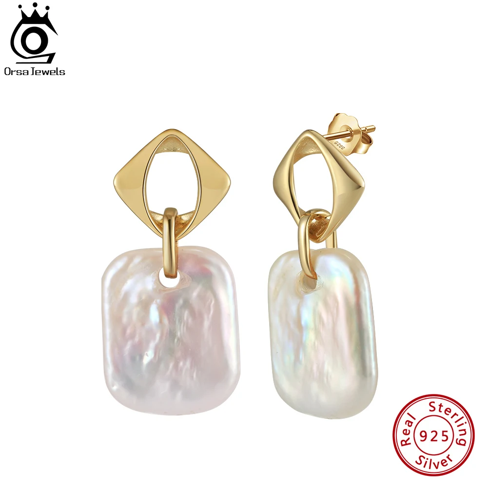 

ORSA JEWELS 14K Gold Plated Natural Baroque Pearl Drop Earrings Pearls Dangle Earrings Wedding Square Shaped Pendant Ear GPE91